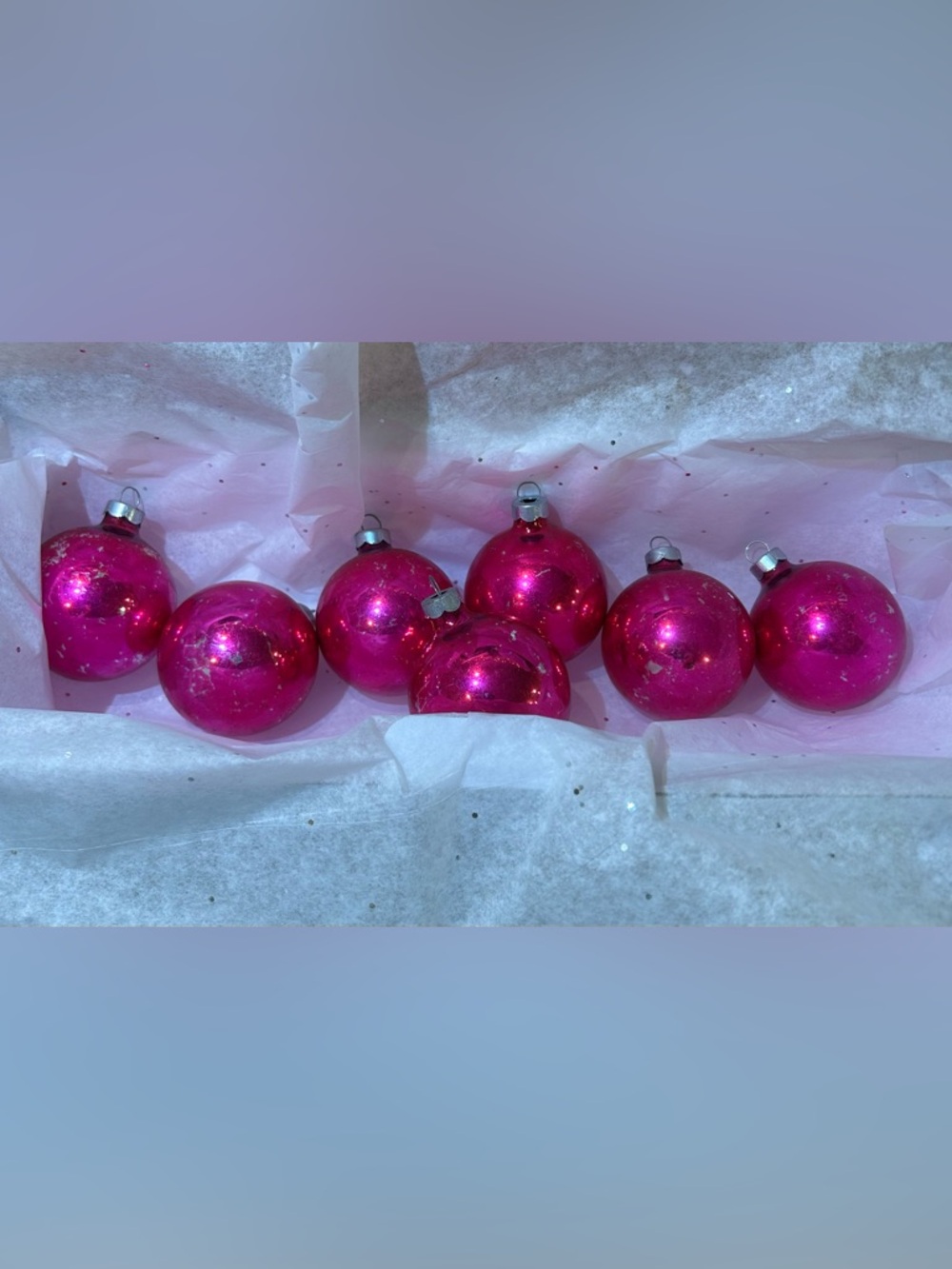 7 Vintage Matching Rare WWII Fuchsia 2.6" Christmas Bulbs